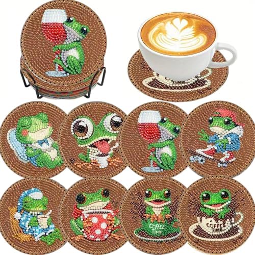 Clendo 8 PCS Coffee Frog Diamond Art Coaster Kits with Holder - Diamond Painting for Adults Beginners - 5D Gem Art Dots Paintings with Cork Pads - Crafts Supplies by Clendo