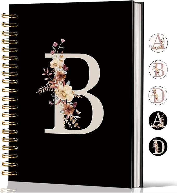 Lacama Cute Initial Letter B School Notebook Journal, Aesthetic Wildflower Personalized Black Spiral Notebook, School Supplies, Customized Monogrammed Gifts, Birthday Gifts for Women, Office Supplies