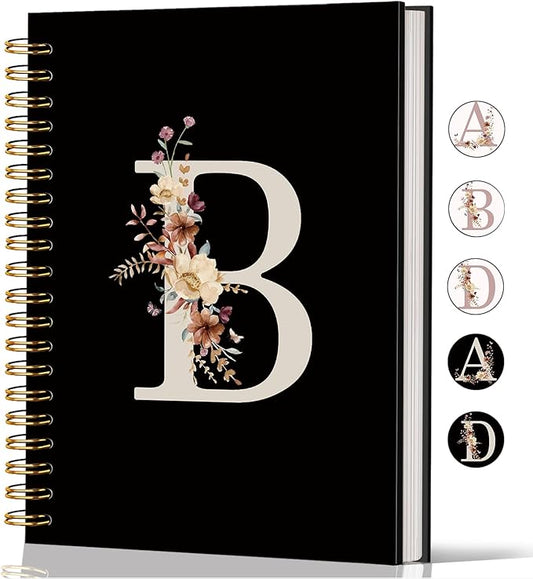 Lacama Cute Initial Letter B School Notebook Journal, Aesthetic Wildflower Personalized Black Spiral Notebook, School Supplies, Customized Monogrammed Gifts, Birthday Gifts for Women, Office Supplies