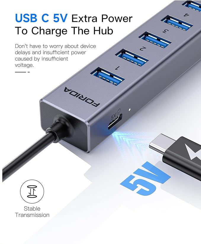 FORIDA 7 Ports USB Ethernet Hub with 3.9ft Long Cable USB Hub for Laptop, USB LAN Adapter with Gigabit Network Port, 5V/3A Power Port, Aluminum MultiPort Extender for PC, iMac, PC, Flash Drives