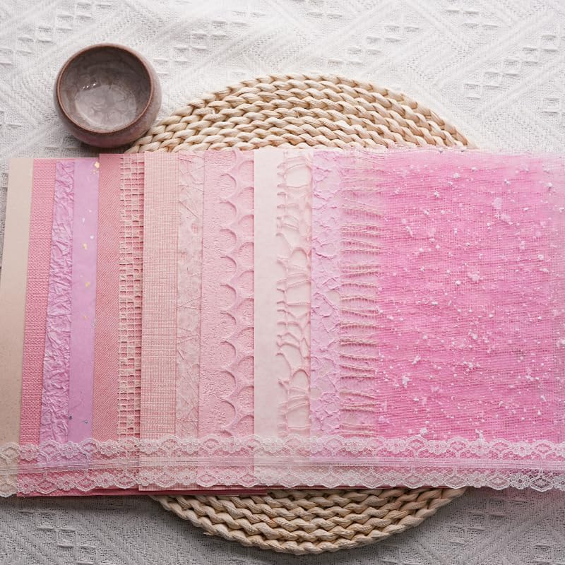 15Pcs Handmade Scrapbook Art Craft Textured Paper Colorful A5 sheet Mesh Special Paper Mix for Scrapbooking Junk Journal Journaling Supplies DIY Materials,5.8x8.2 inches (Pink) - Image 2