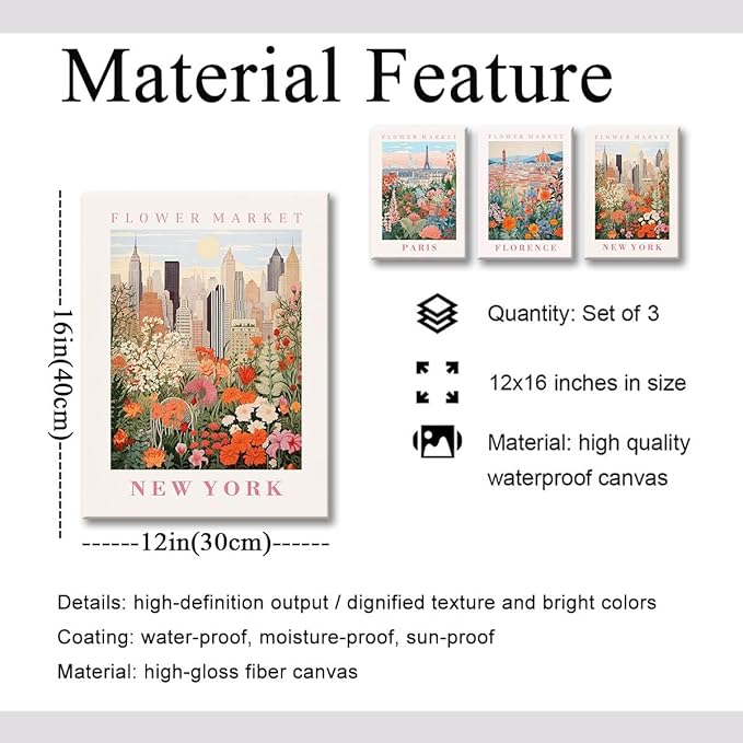 XLARTMY Flower Market Wall Art Prints Canvas Orange and Pink Floral Paintings Colorful Botanical Travel Flower Posters for Home Decor Pictures Set of 3 for Living Room Bedroom 12x16in