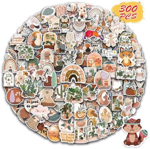 BarrelTree - 300 PCS Aesthetic Boho Stickers, Cute Vinyl Waterproof Stickers for Water Bottles Laptop Phone Journaling Scrapbook Junk Journal, Scrapbooking Supplies Kit, Sticker Packs for Adults Teens by BARRELTREE