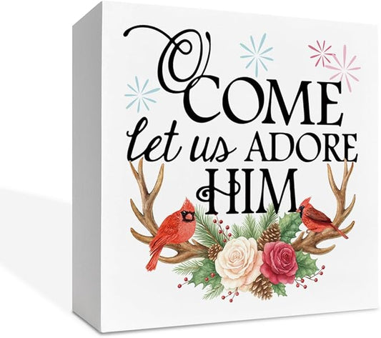 Christmas Wooden Desk Decor, Come Let Us Adore Him Wooden Box Sign, Cardinal Birds and Floral Antler Design, Christmas Home Plaque for Living Room Bedroom Decor 5x5 Inches