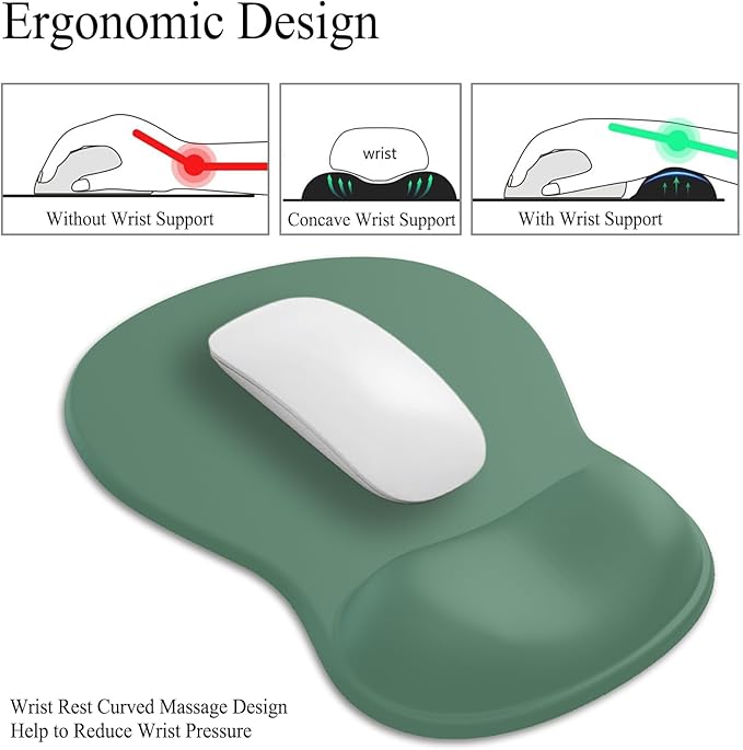 Gel Mouse Pad with Wrist Rest, Ergonomic Concave Wrist Support Mousepad with Non-Slip PU Base & Smooth Surface Comfortable Desk Accessories Mat for Office, Home Gaming and Study (13 Grey Green)