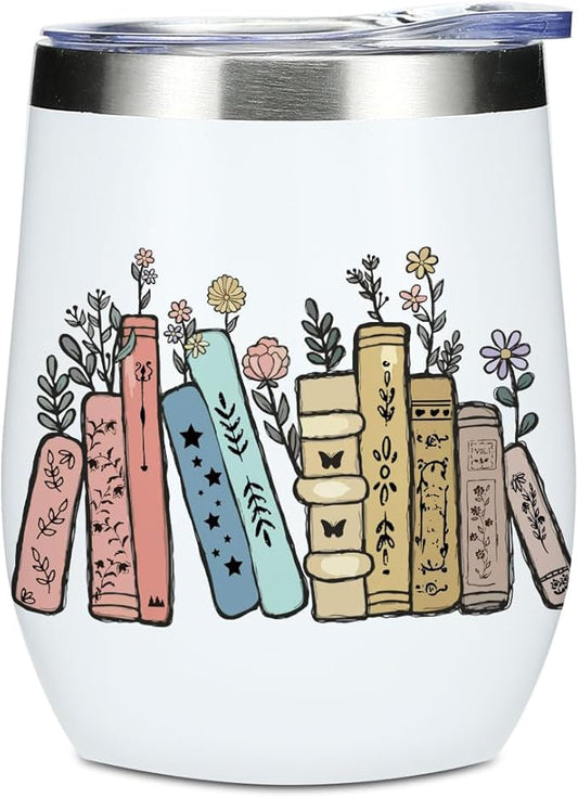 Wine Tumbler, 12 oz Coffee Mug Travel Insulated Cup Vacuum Wine Glass with Lid, Book Lovers Gifts Birthday Christmas Friendship Reading Book Accessories Bookish Librarian Gifts for Women Girls Reader