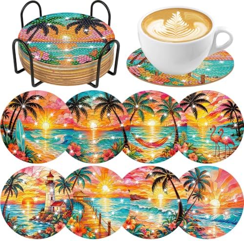 CRASHOT Coquette Beach Diamond Art Coasters Kit with Holder, 8 Pcs by CRASHOT