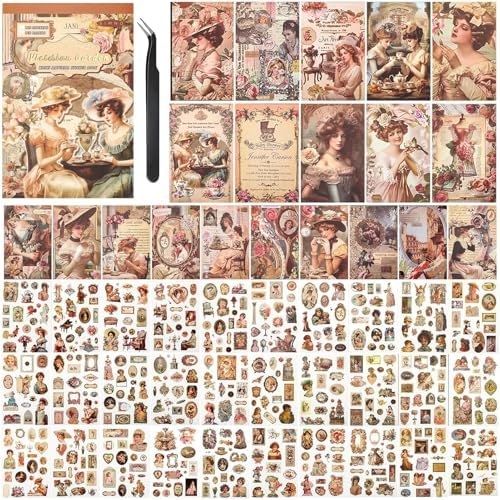 Vintage Scrapbook Sticker Book for Adults, 50 Sheets Aesthetic People Stickers Book for Scrapbooking with 480pcs Washi Stickers and 20 Sheets of Scrapbook Paper Ephemera for Junk Journals Supplies by Ahmagen