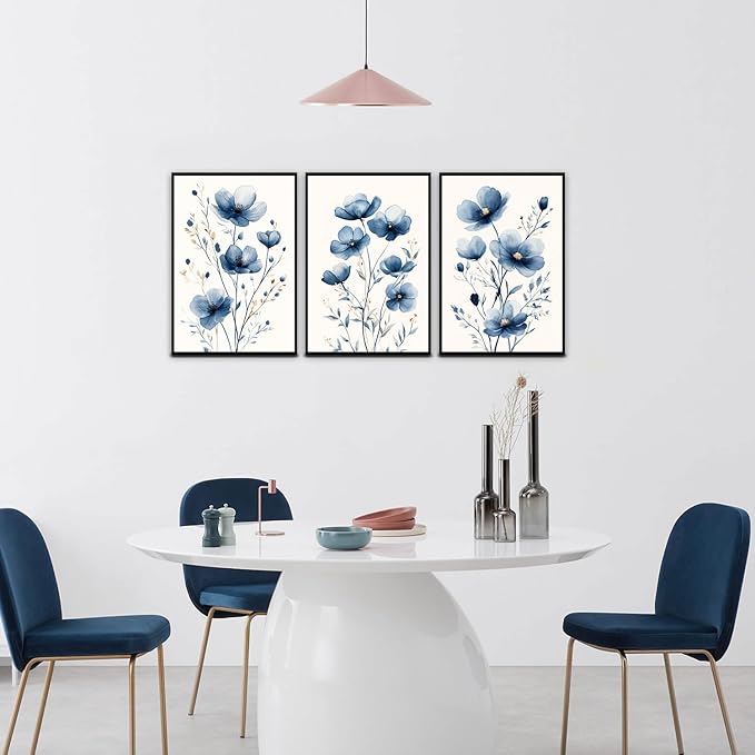 okudolit Navy Blue Wildflower Framed Canvas Wall Art Set Of 3 Flowers Pictures Prints Flowers Printing Floral Watercolors Flower wall Decor Living Room Bedroom Dinning Room Farmhouse Office-16 x24in