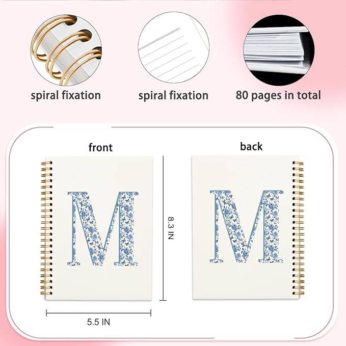 Blue Cute Initial Notebook Journal Diary Libretas Escolares M, Cute Preppy Personalized Notebook Gifts for Women Teen Girls Kids,Preppy Blue Aesthetic School Supplies for Girls 5.5x8.3