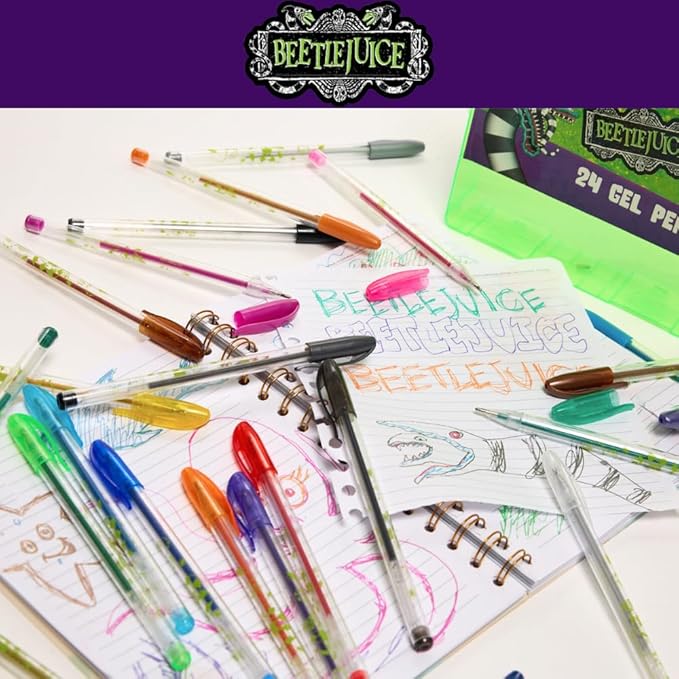Innovative Designs Beetlejuice Gel Pens Set for Kids, 24 Pack with Glitter Gel Pens, Cute Pens for Kids, Teens, and Adults