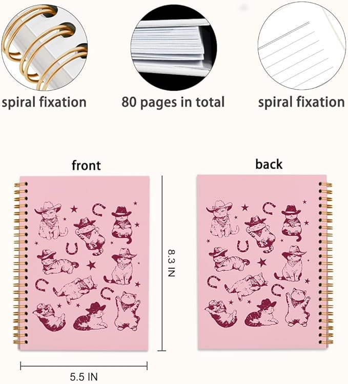 Pink Western Cat Spiral Notebook Journal, Cat Mom Lovers Owners Gifts for Women, Vintage Western Cowboy Kittens Aesthetic Notebooks Journals for Work School Note Taking, 5.5x8.3