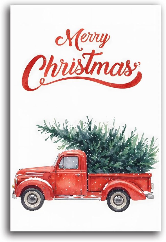 Canvas Wall Art Christmas Truck Print Red Vintage Pickup Truck Christmas Tree Home Decor Holiday Wall Art Watercolor Painting 20x30in-UnFramed