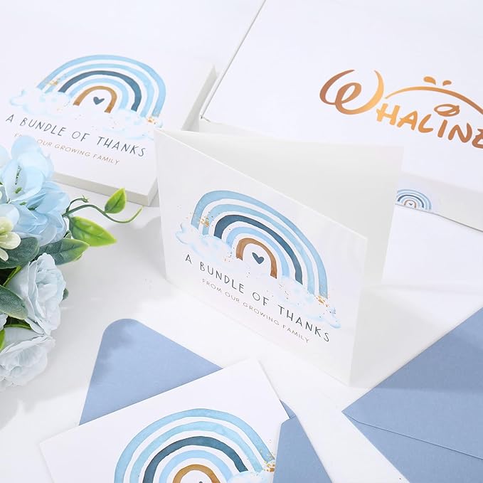 Whaline 50 Pack Blue Rainbow Thank You Cards Boxed 5 x 5 Inch A Bundle of Thanks From Our Growing Family Note Cards with Envelope Sticker Greeting Blank Card for Birthday Baby Shower