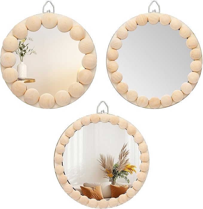 Novabright 3 Pcs Boho Mirror Wall Decor 4.72 Inch Small Round Circle Decorative Mirrors with Wood Bead Hanging Wall Art for Farmhouse Rustic Home Living Room, Bedroom, Bathroom, Entryway