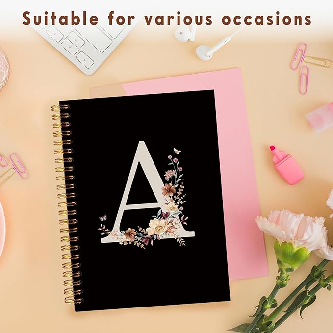 Lacama Black Initial Letter A School Notebook Journal, Aesthetic Wildflower Personalized Spiral Notebook, School Supplies, Customized Monogrammed Gifts, Birthday Gifts for Women, Office Supplies