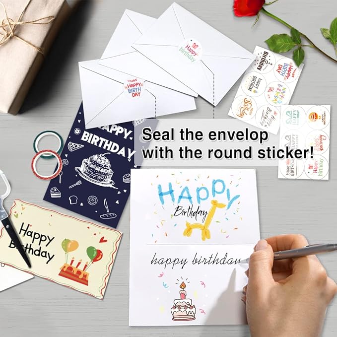 feela Birthday Cards Bulk, 160 Pack 40 Designs Happy Birthday Card Assortment Box with 160 Blank Envelopes 168 Pieces of Stickers 6 Washi Tapes, 4 X 6 Inches Greeting Cards For Girls Family Friends