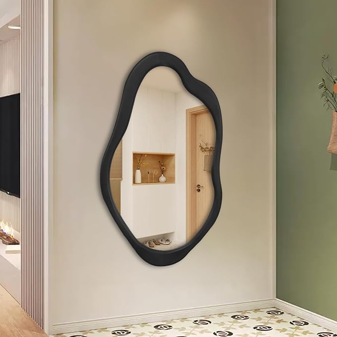 24"x 15" Black Wavy Wall Mirror Wood Frame, Modern Decorative Asymmetrical Mirror for Bedroom, Living Room, Entryway