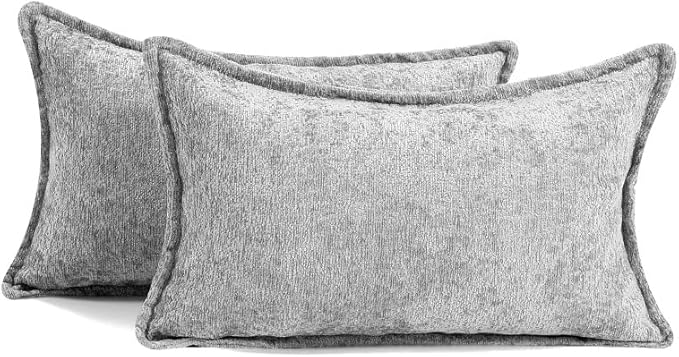 Pack of 2 Light Gray Decorative Throw Pillow Covers 12x20 Cozy Soft Chenille Accent Vintage Rectangular Lumbar Couch Pillow Covers for Home Decor Bed Sofa Living Room