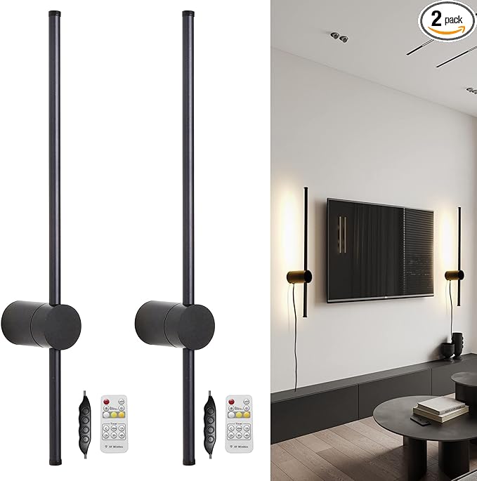 RC Dimmable Modern Plug in Wall Sconce Set of Two LED Black Wall Lights with Plug Dimmer 23.6 inches Wall Lamp with Memory Function Original Brand Lighting