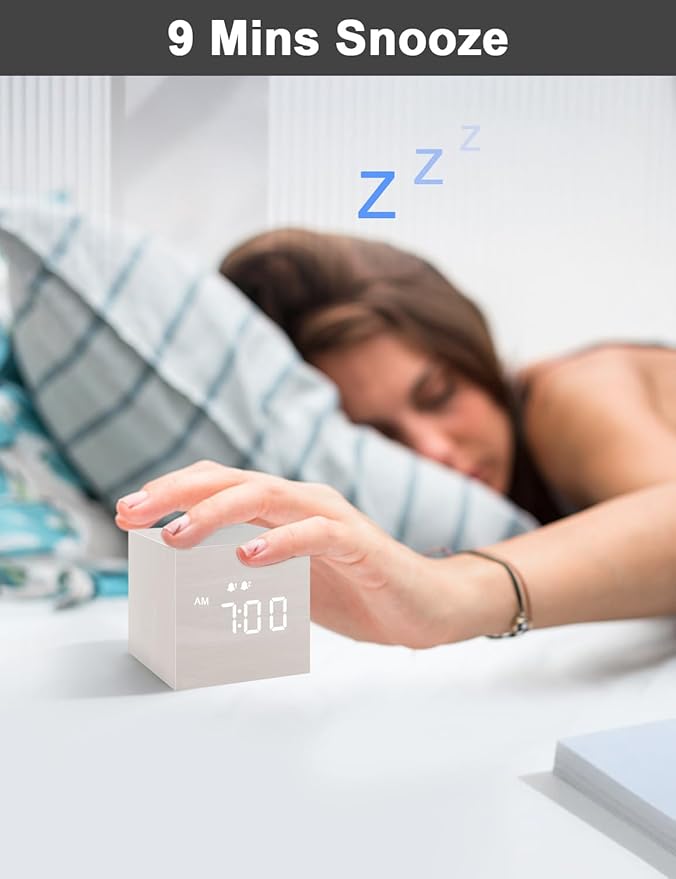 Digital Alarm Clock, with Wooden Electronic LED Time Display, 3 Alarm, 2.5-inch Cubic Small Mini Wood Made Electric Clocks for Bedroom, Bedside, Desk, White