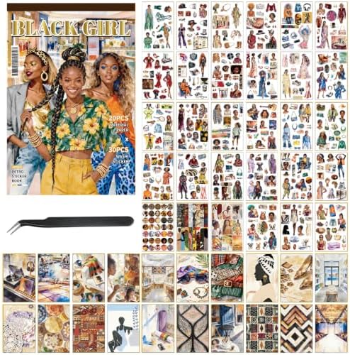 Black Women Sticker Book, 500+ Fashion Ladies and Clothes Shoes Bags Scrapbook Stickers for Junk Journals 20 A5 Scrapbook Papers, Retro Washi Sticker Book for Adults, Ephemera Scrapbooking Supplies by Ahmagen