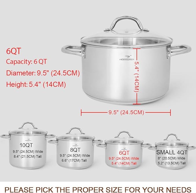 HOMICHEF Stock Pot 6 Quart Nickel Free Stainless Steel - 6 Qt Soup Pot With Lid and Handle - Small Cooking Pot 6 Quart - Ideal for Soup, Sauce, and Induction Cooking