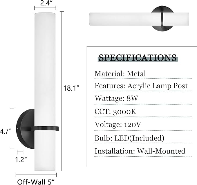 16W LED Dimming Wall Sconces 2 Packs, 3000K Warm Lights Dimmable, White Lampshade Bathroom Vanity Lighting Wall Light Fixtures for Bedroom Dining Living Hallway, Black