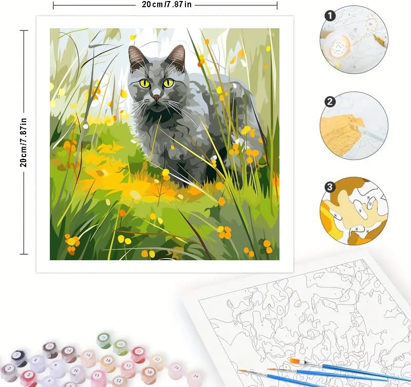 TAOPAOLAB Gray Cat Digital Painting Kit for Adults - DIY Garden Feline Oil Painting on Canvas 7.87x7.87In, Framed Acrylic Paint Kit, Good for Beginners, Pet Lover Home Decor or Gift Artwork - Image 2