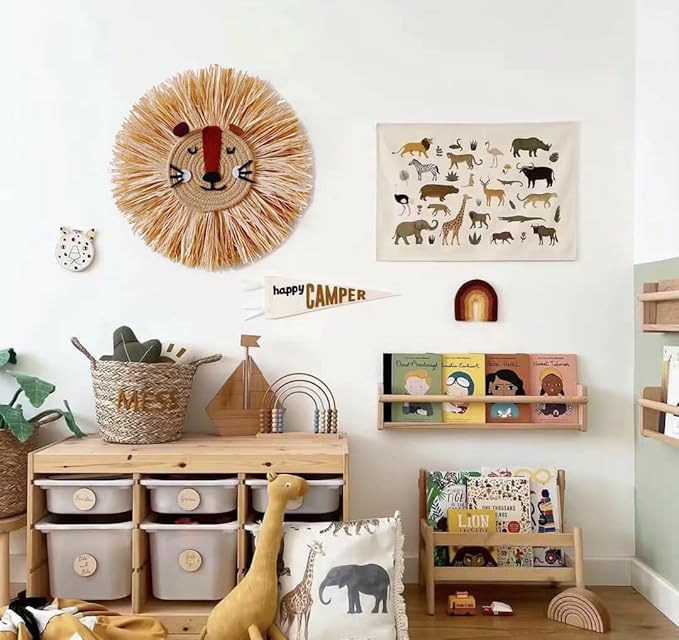 Charlbytion Wall Art Animal Head Hand Knitted Hanging,Cotton Thread Weaving Straw Cartoon Tassel Beard Lion Tiger Macrame Pendant Nursery Room Wall Decor for Home Decoration (16''*16'', F)