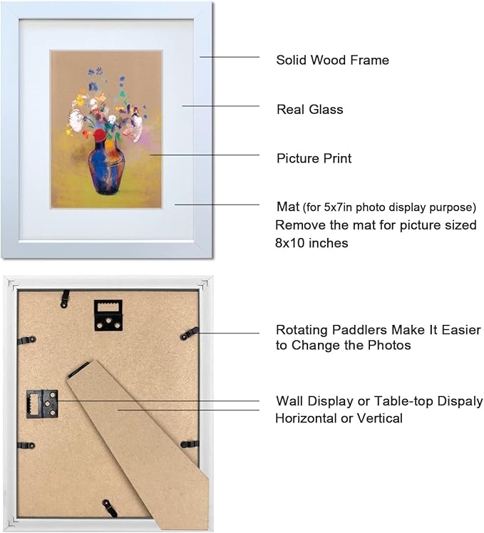 8x10 Picture Frame Set of 2 Made of Solid Wood Photo Frame with Real Glass for Pictures 5x7 with Mat or 8x10 Without Mat, Wall Mount or Tabletop Gallery Photo Frames in White