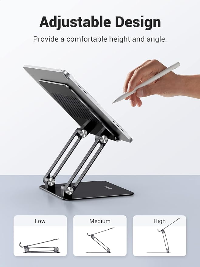UGREEN Tablet Stand Holder for Desk Dual Rod Support Aluminum Tablet Holder Adjustable Multi-Angle Home Office Accessories Compatible with iPad Pro 13 12 11 10.5 Air Mini 5 4 3 2 Phone E-Reader Black