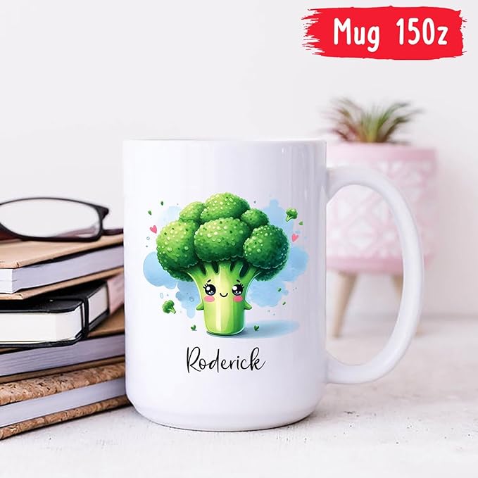 Personalized Cartoon Broccoli Coffee Mug With Kid Name, Awesome Broccoli Travel Cups For Healthy Vegetable Lovers, Custom Broccoli Lover Ceramic Mug 11oz 15oz, Vegan Teacup Gifts, Broccoli Fans Mugs