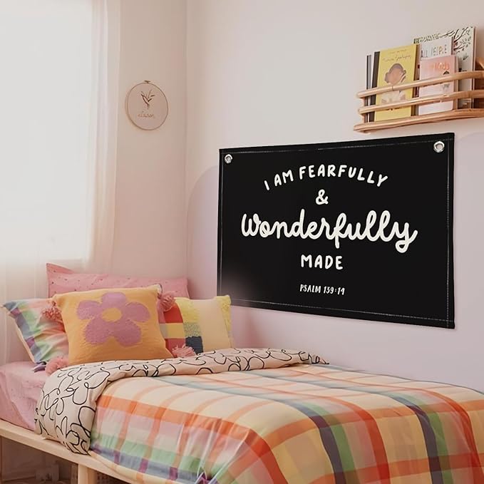 Kids Room Decor - Bible Verse Wall Hanging, 'I am Fearfully and Wonderfully Made' Linen Banner, Canvas Decoration for Classroom, Nursery - Black