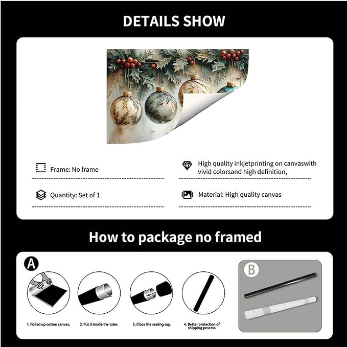 Christmas Ornament Balls Holiday Ball Decor Festive Print Vintage Christmas Canvas Wall Art Hanging Poster Vintage Holiday Print Indoor Decor for Home Offices Living Room Bedroom Dining Room farmhouse