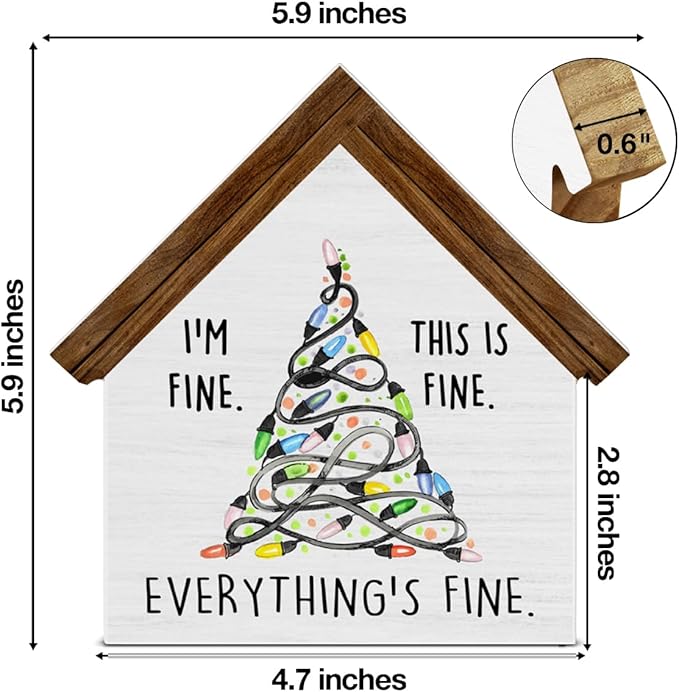Funny Christmas Decorations, I'm Fine Everything Is Fine Christmas Lights House Shaped Wood Sign, Rustic Home Office Decor for Desk Table Shelf