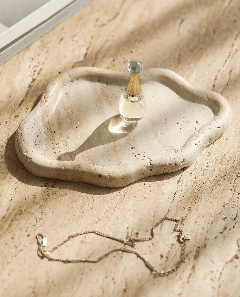 Cloud-Shaped Natural Travertine Tray – 7.68" x 5.3" Marble Vanity Organizer, Aesthetic Stone Catchall Dish for Perfume, Jewelry, Candle, Countertop Decor, Gift-Ready by DHUJBFF
