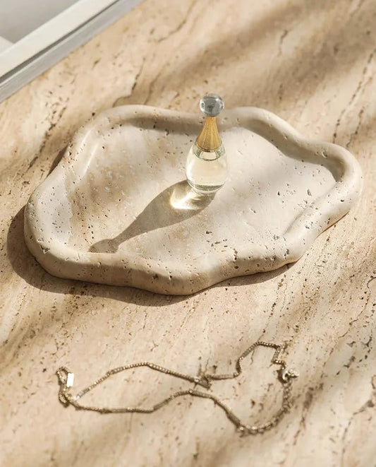 Cloud-Shaped Natural Travertine Tray – 7.68" x 5.3" Marble Vanity Organizer, Aesthetic Stone Catchall Dish for Perfume, Jewelry, Candle, Countertop Decor, Gift-Ready by DHUJBFF