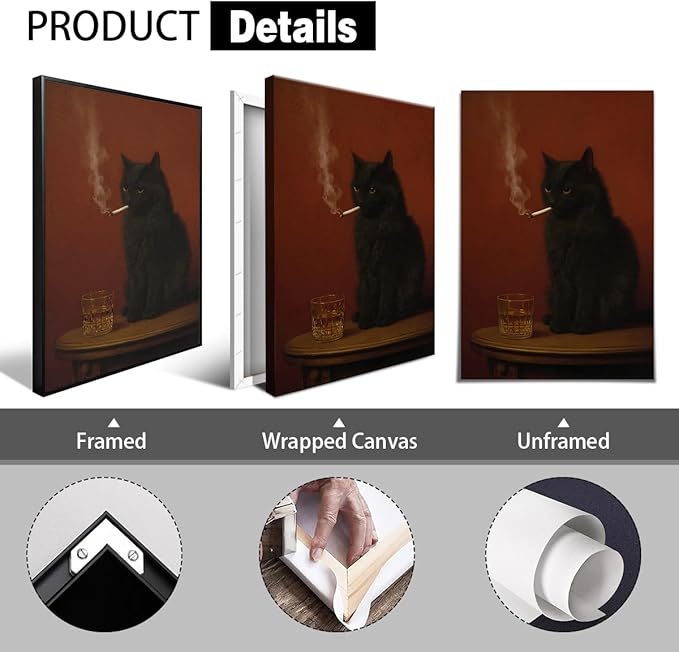 Black Cat Canvas Wall Art, Cat Smoking A Cigarette with Alcohol Oil Painting Poster, Funny Animal Whimsical Bar Cart Print, Quirky Home Bar Pub Man Cave Wall Decor 24x36in Framed