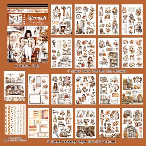 Afternoon Reading Sticker Book for Adults Journaling, 20 Diecut PET Washi Paper Scrapbook Stickers Sheets, Ephemera for Junk Journals Supplies, Scrapbooking, Collage, Bujo, A5 - Image 2