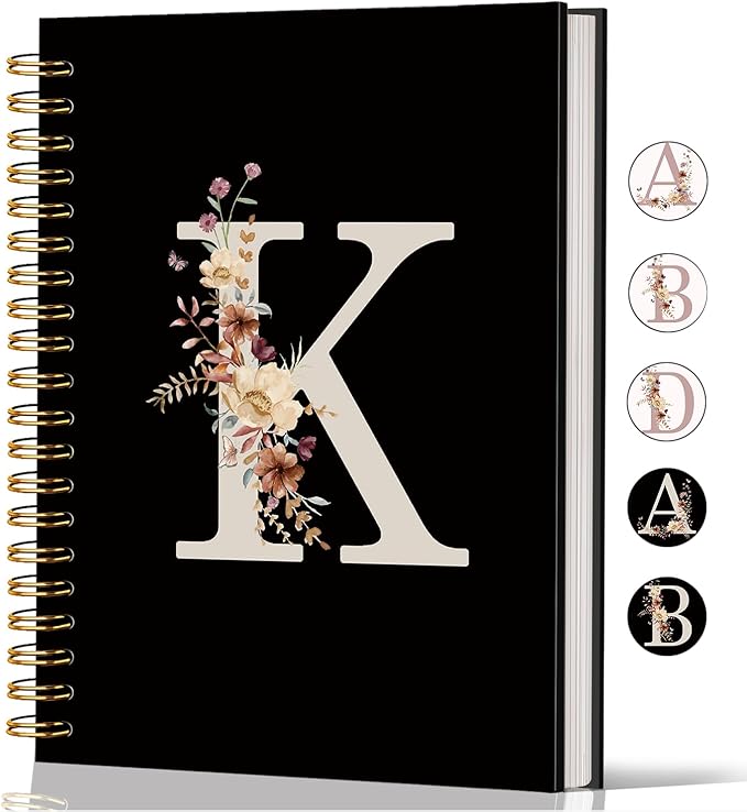 Lacama Cute Initial Letter K School Notebook Journal, Aesthetic Wildflower Personalized Black Spiral Notebook, School Supplies, Customized Monogrammed Gifts, Birthday Gifts for Women, Office Supplies