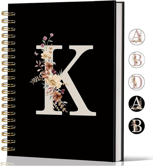 Lacama Cute Initial Letter K School Notebook Journal, Aesthetic Wildflower Personalized Black Spiral Notebook, School Supplies, Customized Monogrammed Gifts, Birthday Gifts for Women, Office Supplies