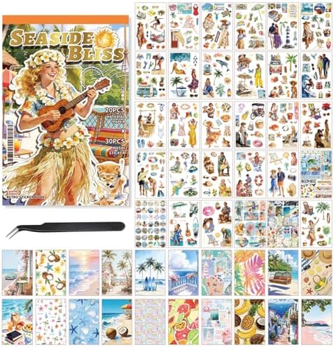 Summer Beach Scrapbook Sticker Book, 500+ Vintage Travel Stickers for Scrapbooking, 20pcs Aesthetic Scrapbook Papers for Adults Women DIY Bullet Junk Journals Supplies, Washi Stickers for Journaling by Ahmagen