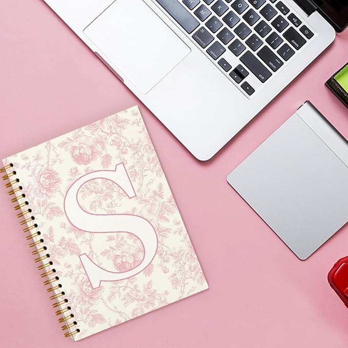 Pink Initial Notebook Embroidered S, Teacher Journal,Aesthetic Notebook, Monogrammed Personalized Stationery Gifts for Women,Preppy School Supplies for Girls 5.5x8.3