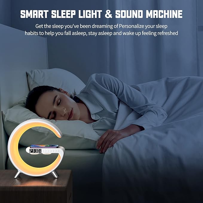 Smart LED Table Lamp, 4-in-1 Wireless Charger, Music Rhythm Ambient Night Light, Alarm Clock, and Bluetooth Speaker with App Control, G-Shaped Lamp for Bedroom, Office and Home Decor (White)