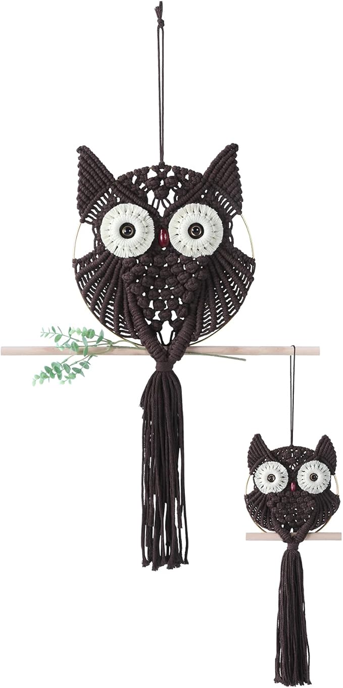 MVSUTA Owl Chocolate Cotton Handmade Macrame Wall Hanging Tapestry Home Decor Art and Bronze Craft Wonderful Decoration Woven Boho Ornament for Office Bedroom Apartment Living Room Nursery