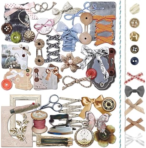 Mayplous 2 Packs Vintage Scrapbook Paper and Sticker Set – Sewing Theme Die-Cut Paperboard Retro Stickers with Cord, Bowknot & Button for Junk Journal, Scrapbooking, Handicrafts & Decoupage (Miller) by Mayplous