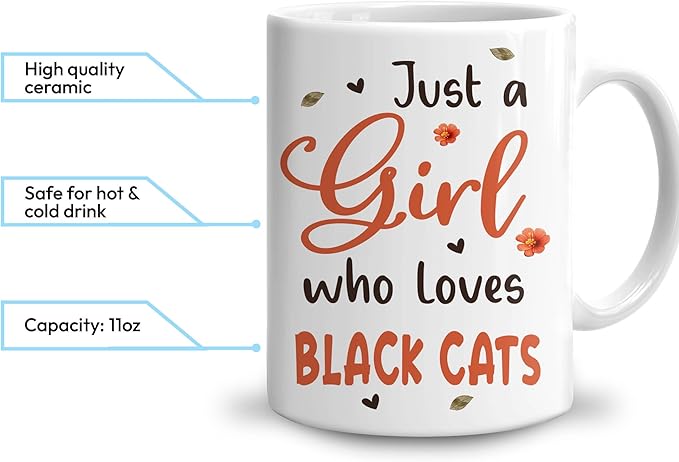 Hyturtle Personalized Cute Black Cat Mug Gift For Cat Lover - Just A Girl Who Loves Black Cats - Cat Gift For Women - Gift For Animal Lover - Birthday - Custom Coffee Cup Ceramic Mug 11oz - 15oz
