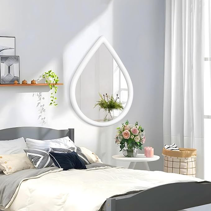 White Vintage Mirror Teardrop Wall Hanging Mirror Wood Frame 26 X 18 Inch Wall Mirrors Decorative for Entryway Living Room Bathroom Hallway Home Decor