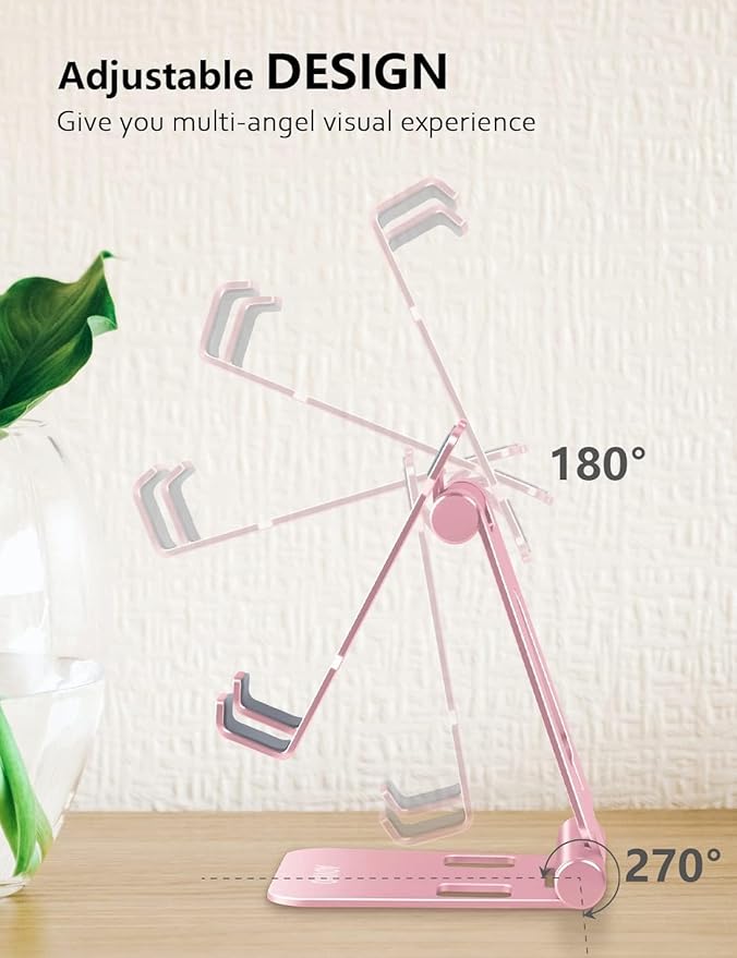Cell Phone Stand for Desk, Adjustable Desktop Phone Holder Stand, Foldable Moblie Phone Dock for iPhone17 16 15 14 13 12 11 Pro Xs Max Xr X 8 7 6 5 5s SE Nintendo Switch All Phones, Rose Gold